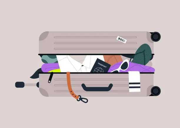 Vector illustration of Open suitcase overloaded with clothes and personal belongings, baggage excess