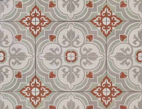Heritage or colonial tiles in grey and red color pattern. Colonial tiles are often used to make thematic interiors of peranakan, colonial, or classical vintage feels.