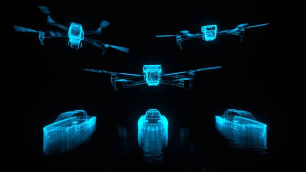 marine and aircraft drone group, control system, hologram, high-tech technology, military technology, background, 3d rendering, abstraction
