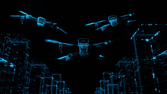 drone squad, quadrocopters, hologram, control system, high-tech technology, military technology, background, cyclic animation, 3d rendering, abstraction