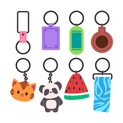 set various colorful keychain tag holder souvenir gift design trinket accessory vector