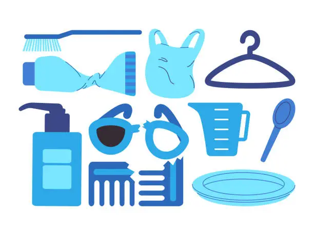 Vector illustration of leftover toothpaste toothbrush plastic hanger bottle pump comb spoon plate measuring cup and eyeglasses broken cracked