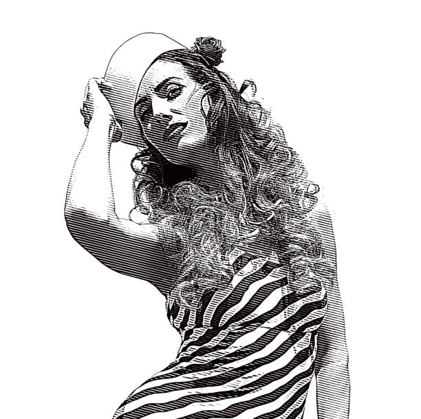 Retro style woman wearing vintage sailor hat and Vintage dress