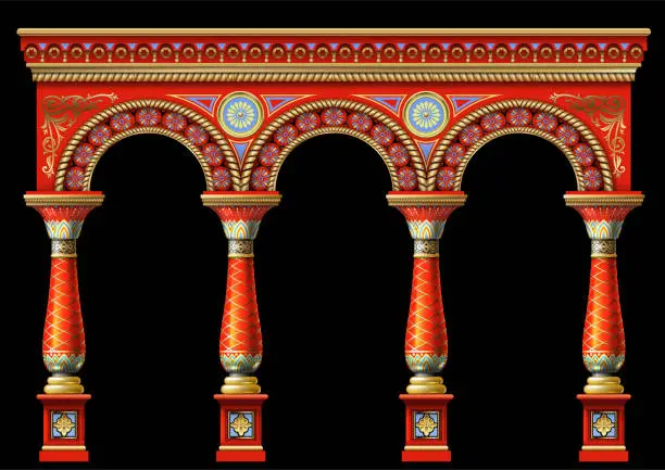 Vector illustration of Fabulous ancient arch facade in the east or the ancient Russian style