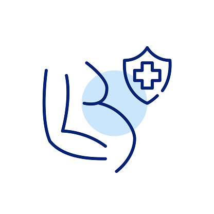 Expectant mother with medical insurance. Icon represents insured prenatal and maternity services. Pixel perfect, editable stroke vector