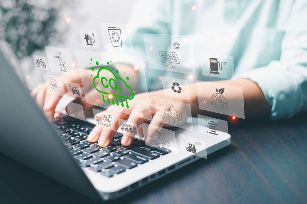istock Sustainable development and green business based on renewable energy. Reduce CO2 emission concept with icons, global warming, Industrial emissions pollute environment and ecosystems. Renewable energy 2124414706