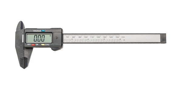 Modern electronic vernier caliper isolated on a white background. A tool for accurate measurement of dimensions.