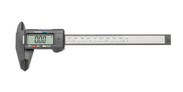 Photo of Modern electronic vernier caliper isolated on a white background.