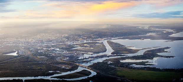 Aerial view of Oder river, lake Dabie and Szczecin downtown with harbour, Poland