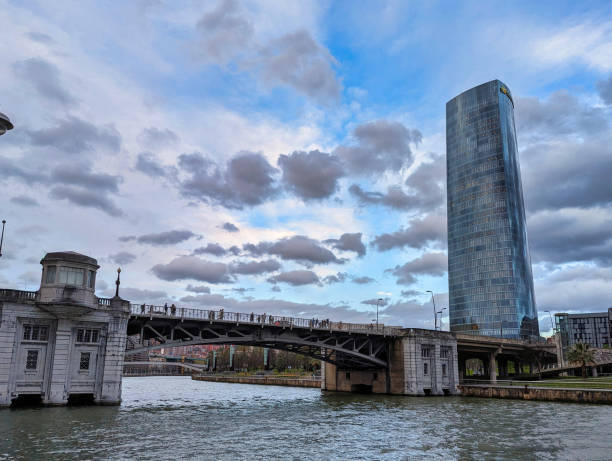 Deusto bridge over Nervion river built in 1936, Bilbao city, Basque country, Spain, Europe
