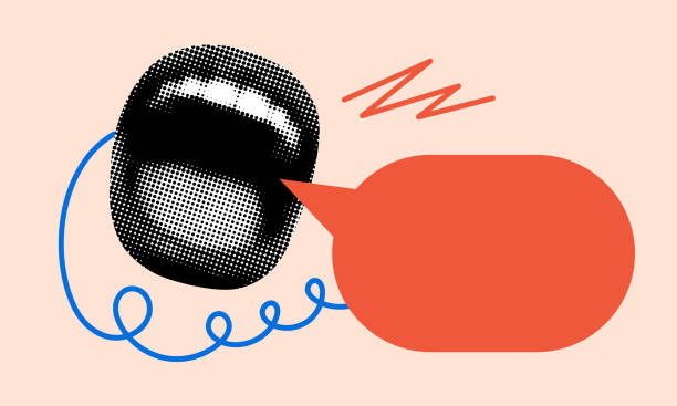 Pop art style screaming mouth with speech bubble Modern collage. Pop art style screaming mouth with speech bubble. Halftone female lips in retro comic style. Advertising concept. Marketing. Sale banner. Design elements to attract attention people talking stock illustrations