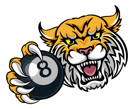 A wildcat bobcat lynx angry mean pool billiards mascot cartoon character holding a black 8 ball.