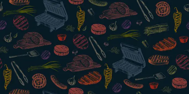 Vector illustration of Seamless pattern with grilled meat and bbq equipment.