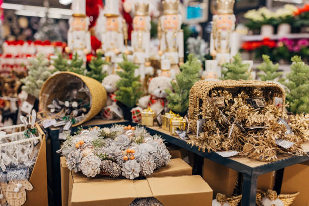 istock Various Christmas decorations on display in the store, Holiday atmosphere 2124504021