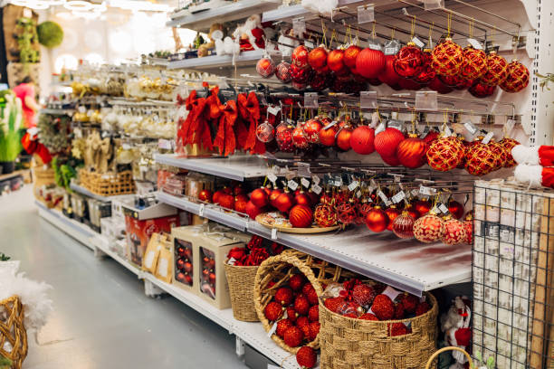 Decorative red Christmas balls on display in a department store, Christmas decoration