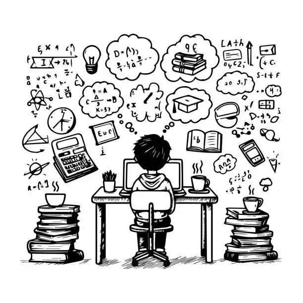 Vector illustration of Young Student Immersed in Studying