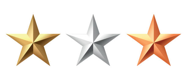 ilustraciones, imágenes clip art, dibujos animados e iconos de stock de golden, bronze, silver glossy metallic stars 3d realistic style. 1, 2, 3 place symbols. - color-plateado