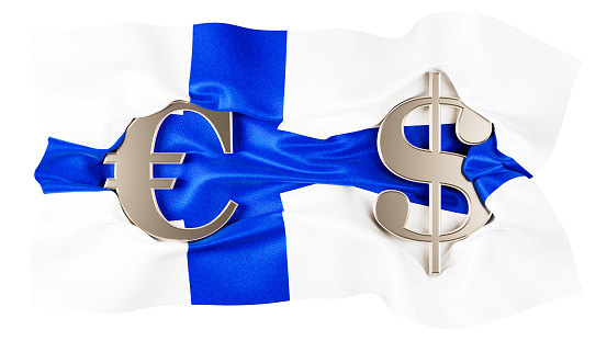 Metallic currency symbols of Euro and Dollar entwined on Finland's white and blue flag.