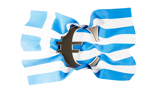 Flowing Greek flag with a Euro sign, against black, evoking Greece's connection to European finance.