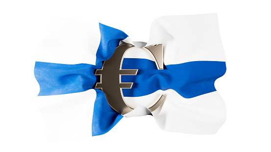 Blue cross of Finnish flag interplays with a Euro sign cutout, exemplifying Finland's economic connection to Europe.