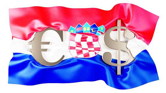 The harmonious blend of Euro and Dollar signs over the vibrant red, white, and blue of Croatia's national flag, including the traditional coat of arms.