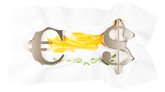 Euro and Dollar signs merge on the pure white backdrop of Cyprus's national flag.