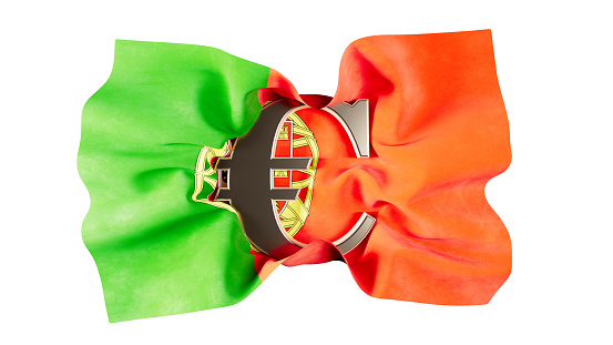 The Portuguese flag's green and red blend with the Euro sign, underlining Portugal's alliance with EU economics.