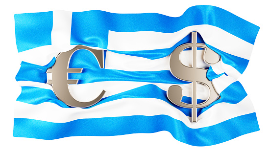 Metallic Euro and Dollar icons merge on the iconic blue and white stripes of Greece's flag.