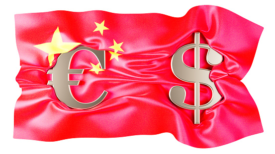 A compelling display of the Euro and Dollar symbols superimposed on the radiant red of China flag.
