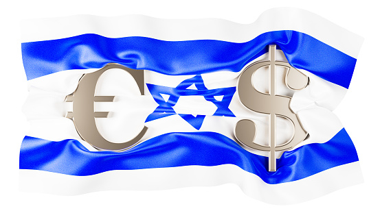 Metallic Euro and Dollar signs entwined against the iconic blue Star of David on Israel flag.