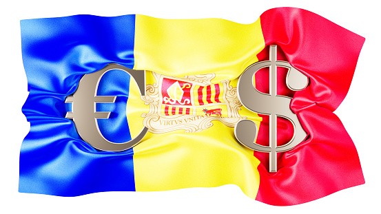 A striking composition of Euro and Dollar signs over Andorra's bold tricolor flag with emblem.