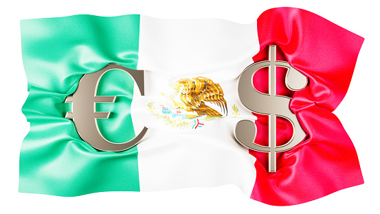 Dynamic Mexican flag featuring Euro and Dollar signs, highlighting financial interaction and cultural identity.