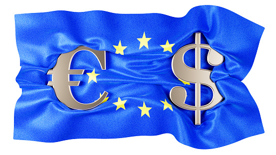 Interlinked Euro and Dollar signs against the EU flag's blue with stars.