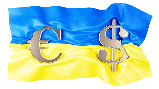 A dynamic display of Ukraine's flag merged with prominent Euro and Dollar symbols, symbolizing economic aspirations.