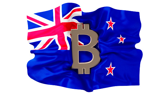 Digital artwork showcasing Bitcoin logo amalgamated with New Zealand flag, depicting cryptocurrency influence in the nation.