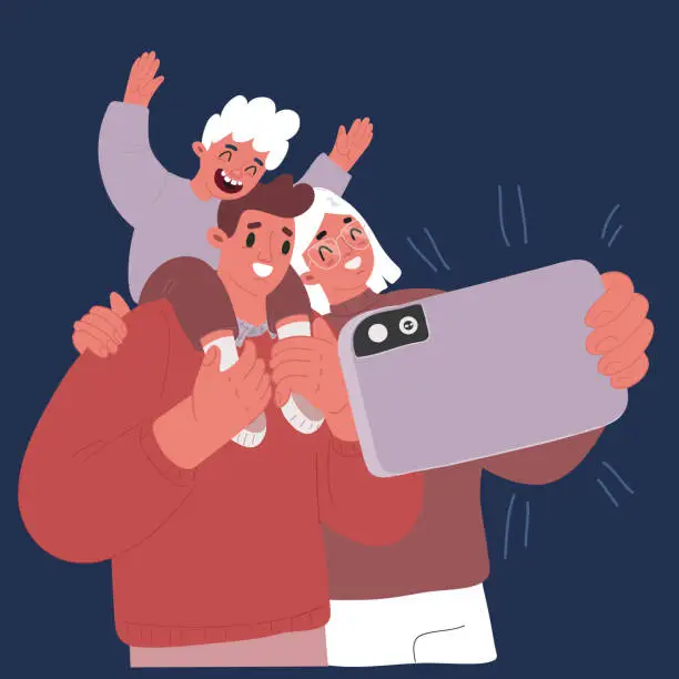 Vector illustration of Cartoon vector illustration of Family photo. Son sit on Fathers shoulder and mother together.