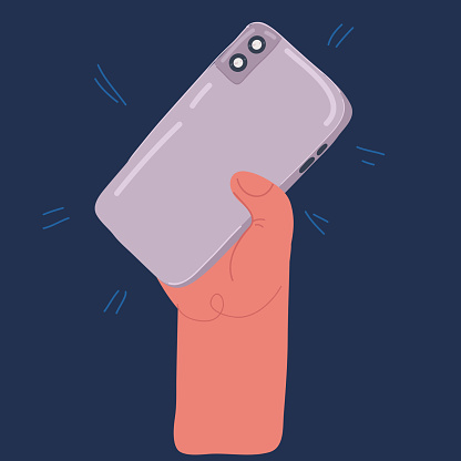 Cartoon vector illustration of Hand holding phone. Rear view over dark backround
