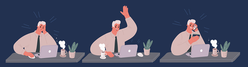 Cartoon vector illustration of Happy businessman is sitting at desktop. Work the computer, financial analytics. Support call center man working in office scense over dark backround