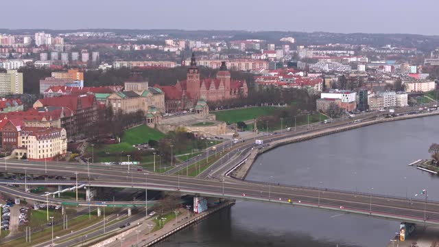 March aerial drone footage captures Szczecin's Odra River, Szczecin Castle Route ad National Museum in Szczecin.