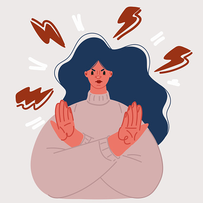 Cartoon vector illustration of Frowned woman with negative face expression saying no, showing denial, ignore or stop gesture. Person using non-verbal communication.