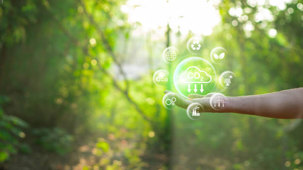 istock Reduce CO2 emission concept in the hand for environmental, global warming, Sustainable development and green business based on renewable energy.CO2 icon on green leaf with water droplet. 2124575193