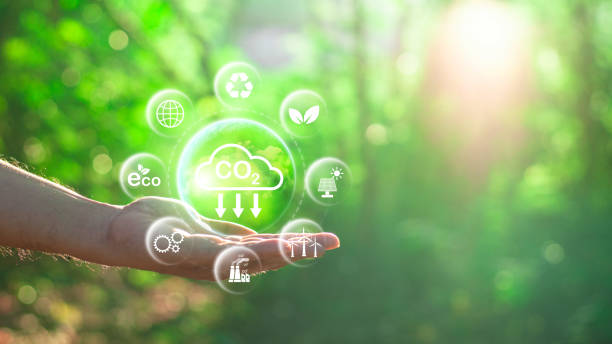 istock Reduce CO2 emission concept in the hand for environmental, global warming, Sustainable development and green business based on renewable energy.CO2 icon on green leaf with water droplet. 2124575198