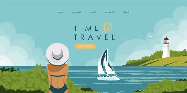 Vector illustration of Ocean, boat, summer landscape, summer time, poster, banner, background for website