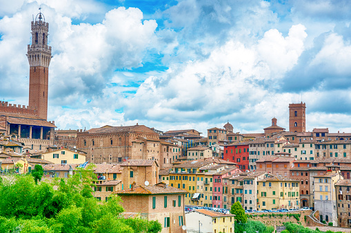 Aerial view of Lucca, in Tuscany, during a sunny afternoon; the bell tower belongs to the San Frediano church