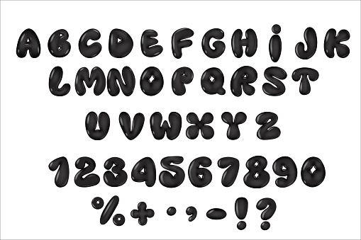Glossy 3D black bubble font in Y2K style. Complete alphabet and numbers from 0 to 9. Collection Glossy letters in cartoon style. Inflated balloon letters.