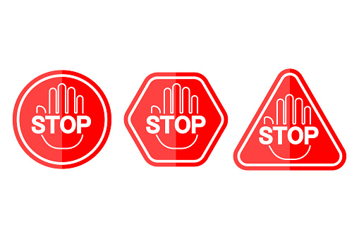 Set of stop hand signs. Red warning symbols. Safety and caution icons. Traffic stop concept. Vector illustration. EPS 10. Stock image
