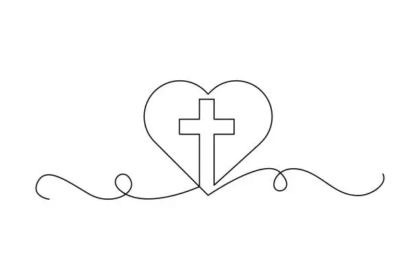 Vector illustration of Faith and love intertwined. Religious heart with cross. Christian symbol of love. Spirituality and belief design. Vector illustration. EPS 10.