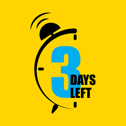 Countdown timer 3 days icon. Three days left notice. Imminent deadline alarm. Urgency time tracker. Vector illustration. EPS 10. Stock image.