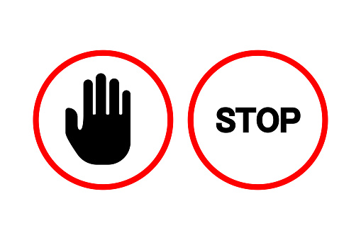 Pair of stop signs. Hand symbol and text warning. Prohibition and alert concept. Vector illustration. EPS 10. Stock image