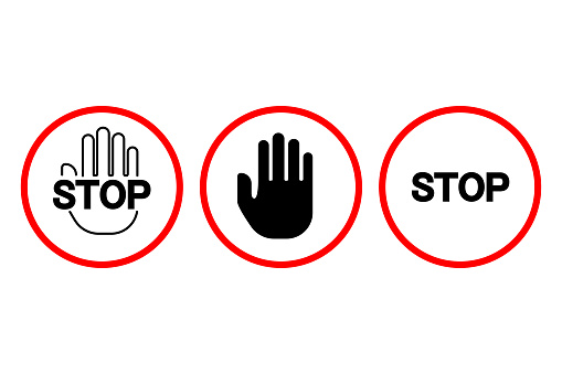 Trio of stop signs. Black hand silhouette and text. Prohibition alert symbols. Vector illustration. EPS 10. Stock image